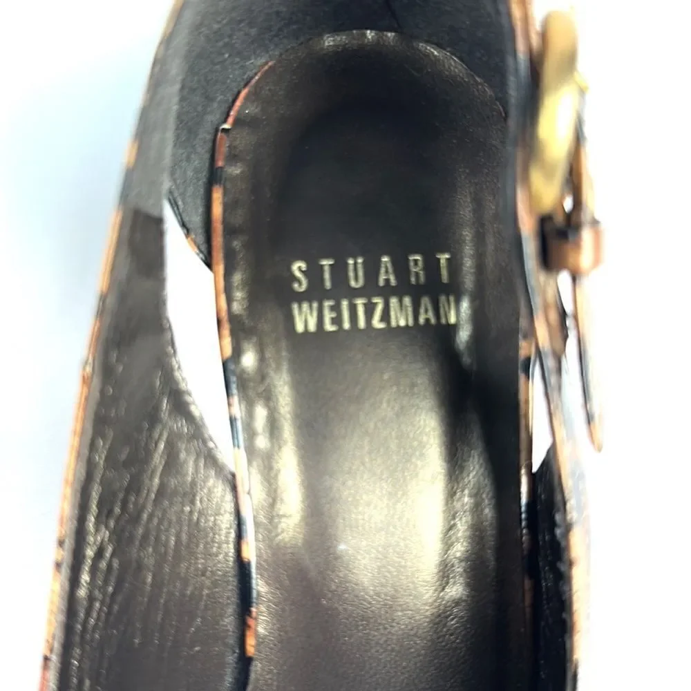 Stuart Weitzman Patent Leather Leopard Animal Print Peep Toe Pumps 6 1/2